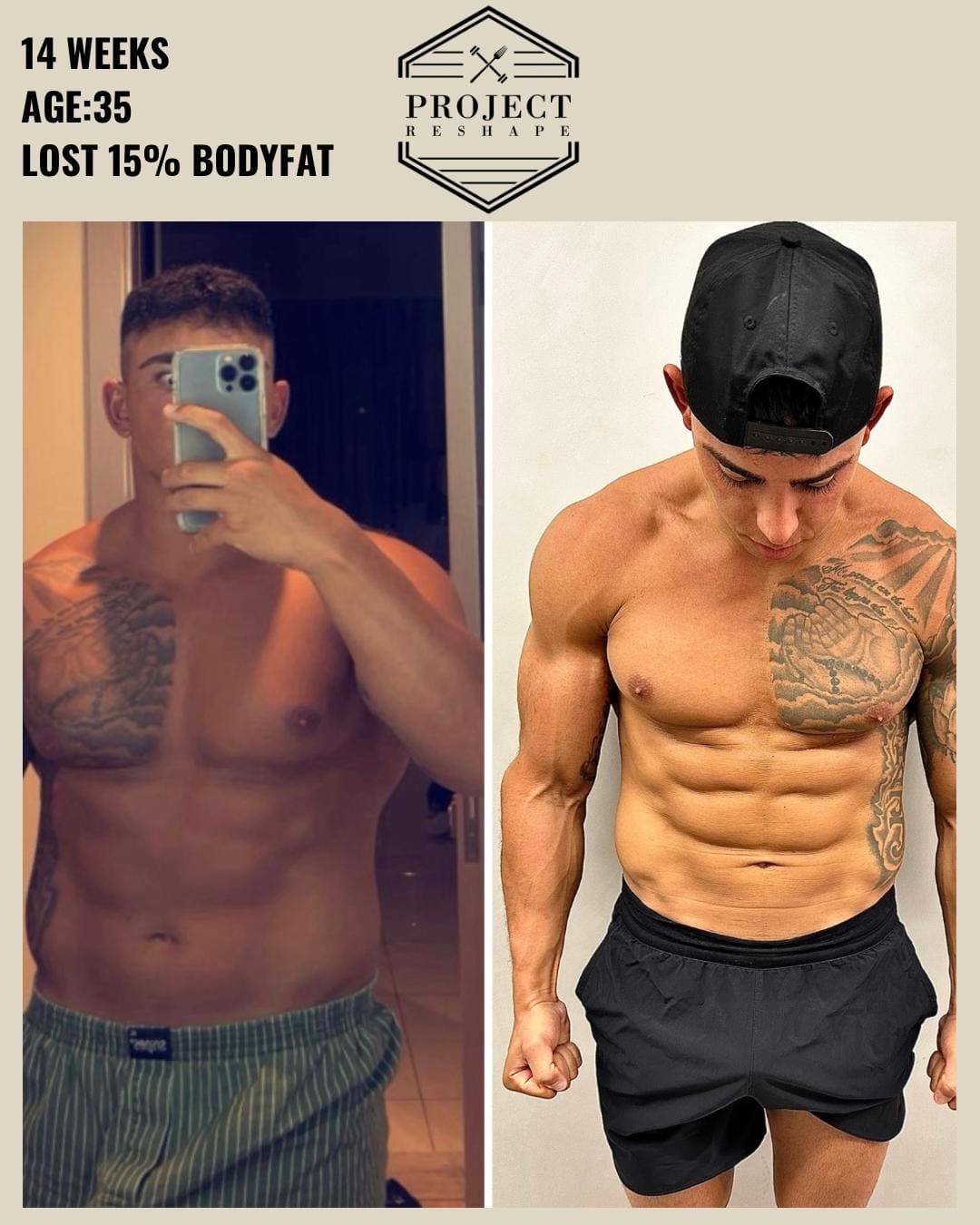 Transformation in 14 weeks at age 35 — lost 15% body fat