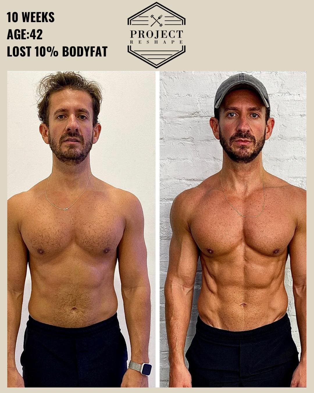 Transformation in 10 weeks at age 42 — lost 10% body fat