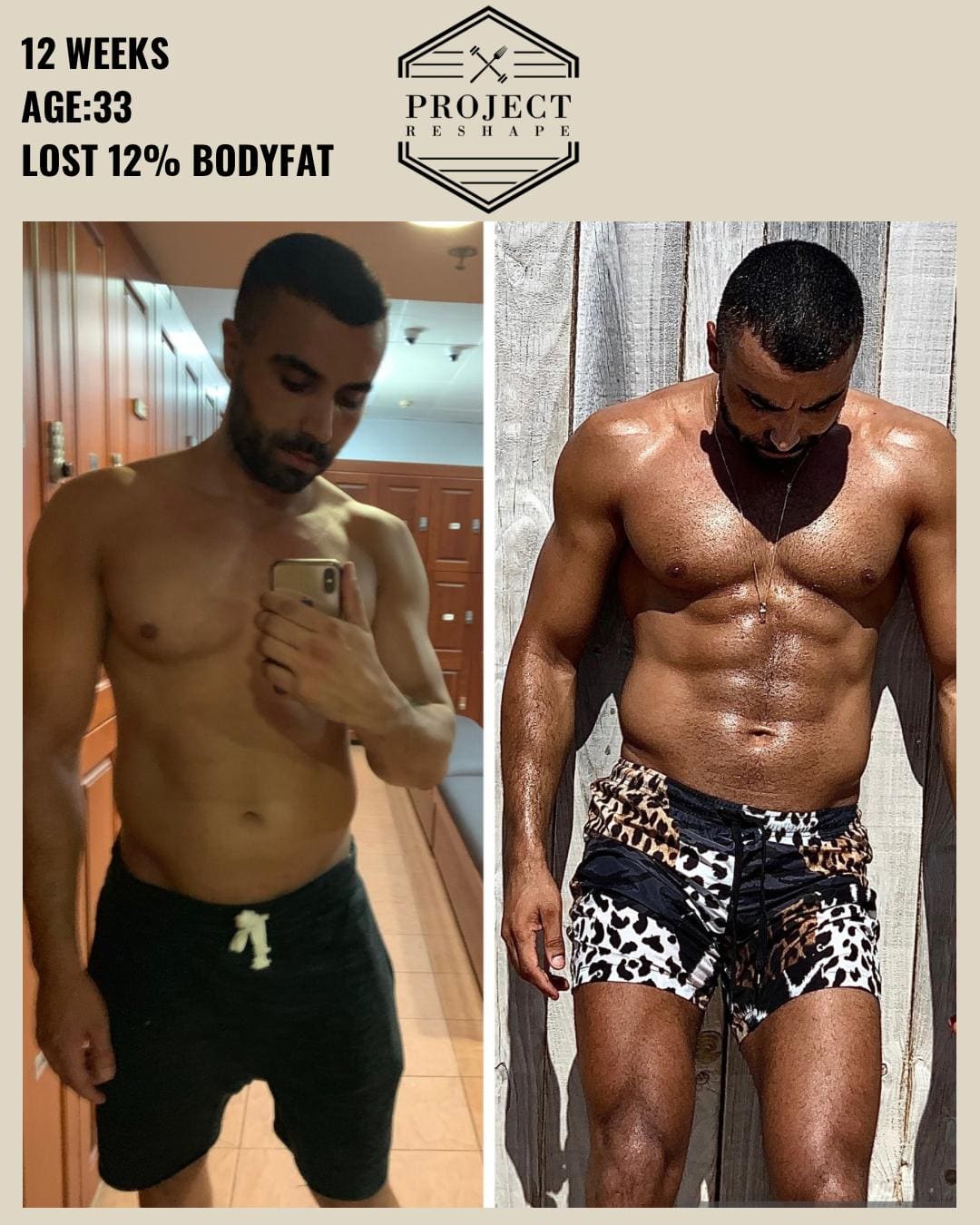 Transformation in 12 weeks at age 33 — lost 12% body fat