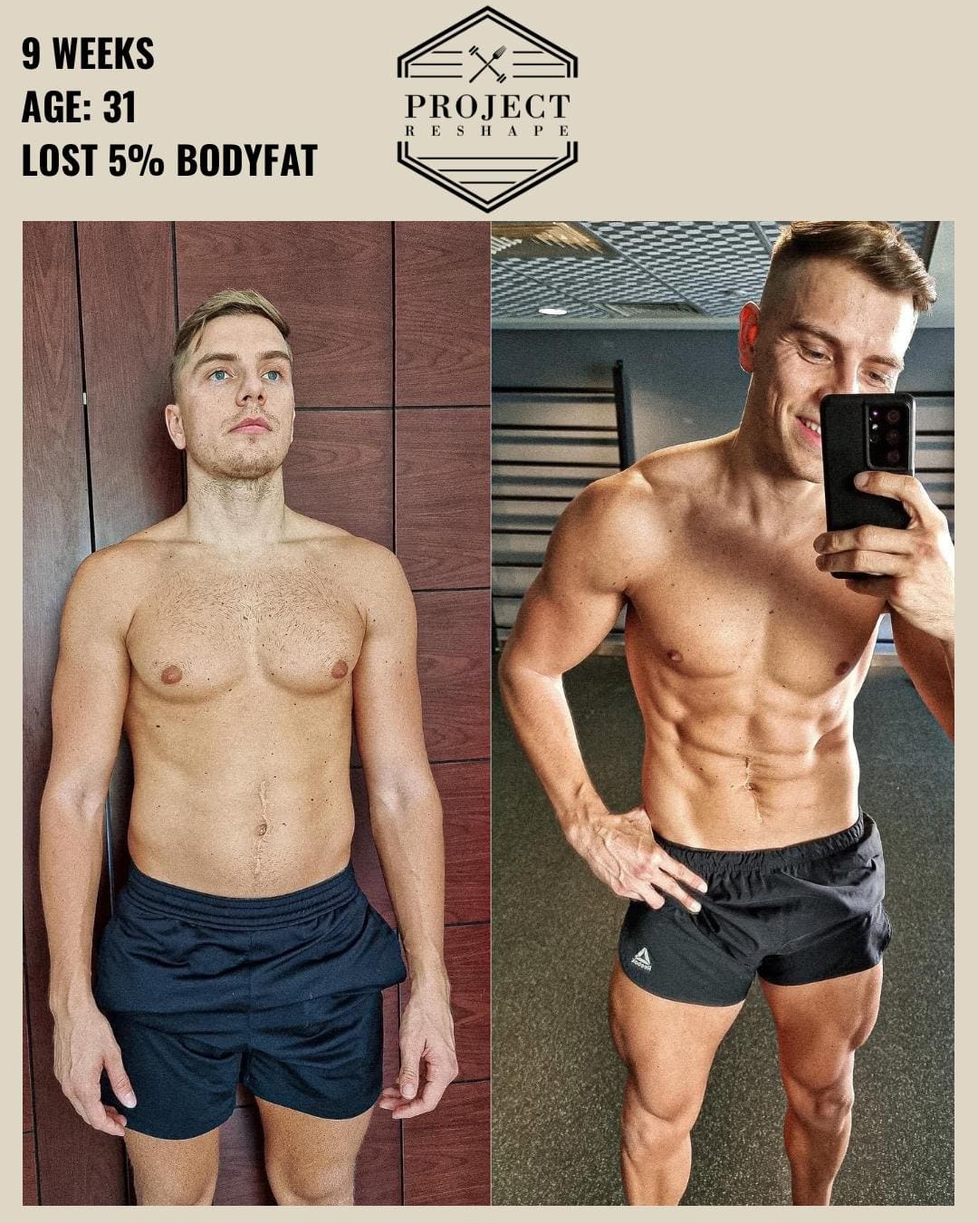 Transformation in 9 weeks at age 31 — lost 5% body fat