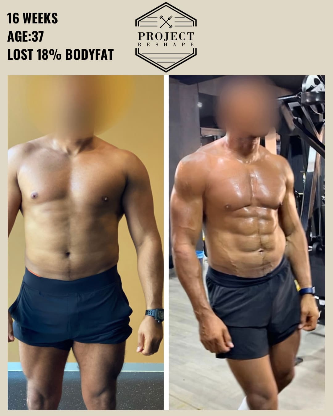 Transformation in 16 weeks at age 37 — lost 18% body fat