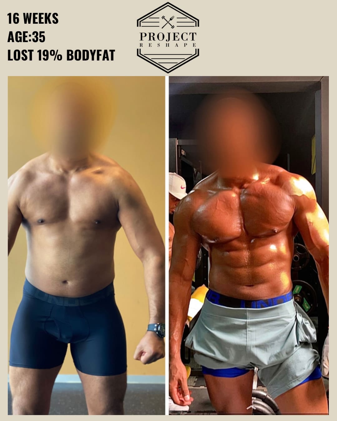Transformation in 16 weeks at age 35 — lost 19% body fat