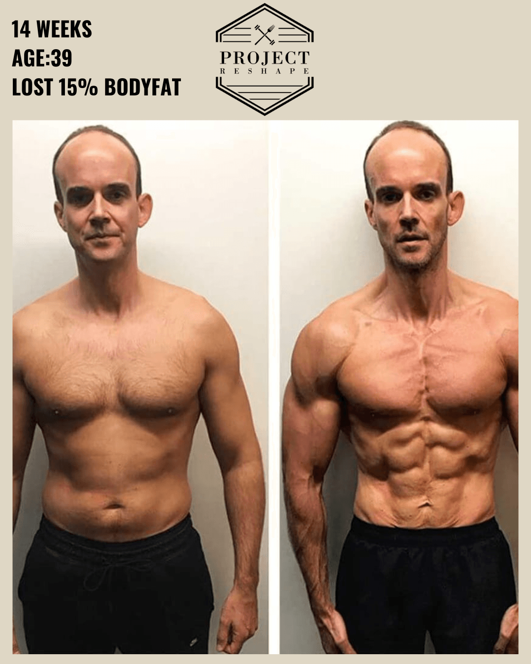 Transformation in 14 weeks at age 39 — lost 15% body fat