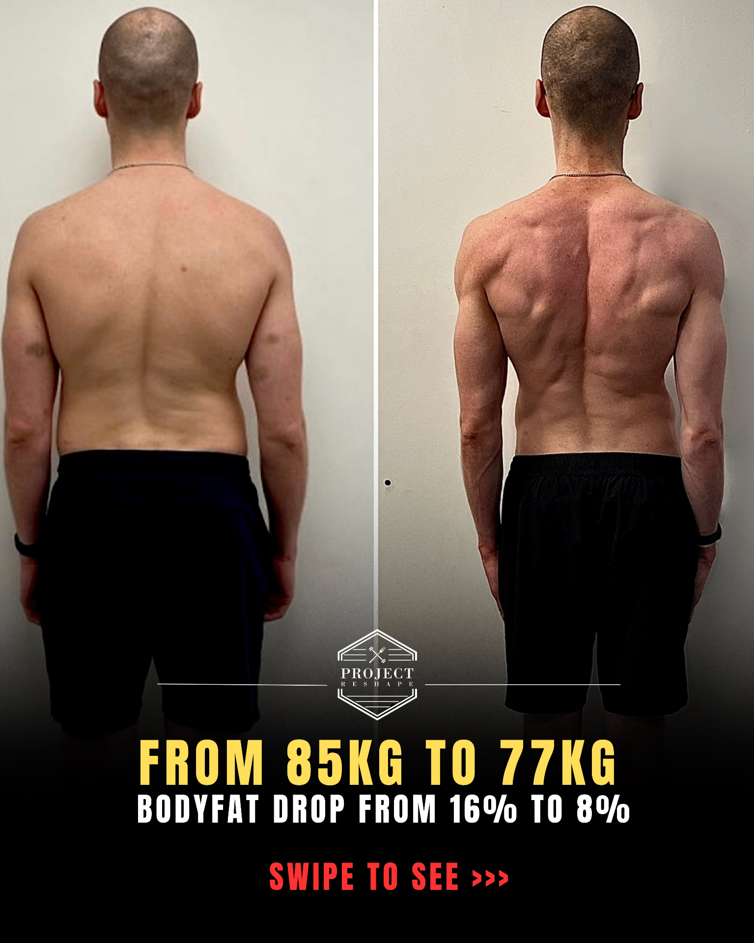 Project Reshape back-view before and after body fat from 16% to 8% over 12 weeks