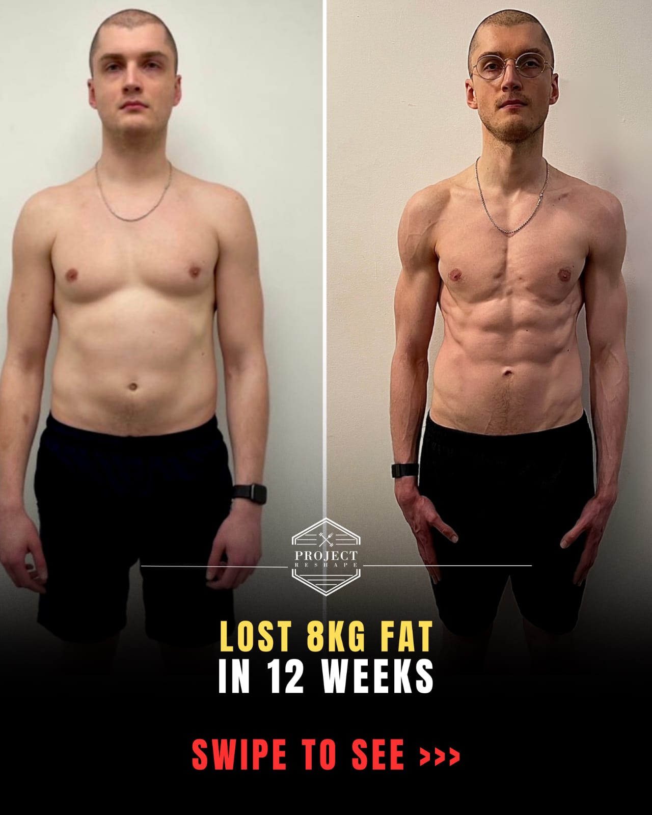 Project Reshape client showing 8kg of fat loss across a 12-week programme in Dubai